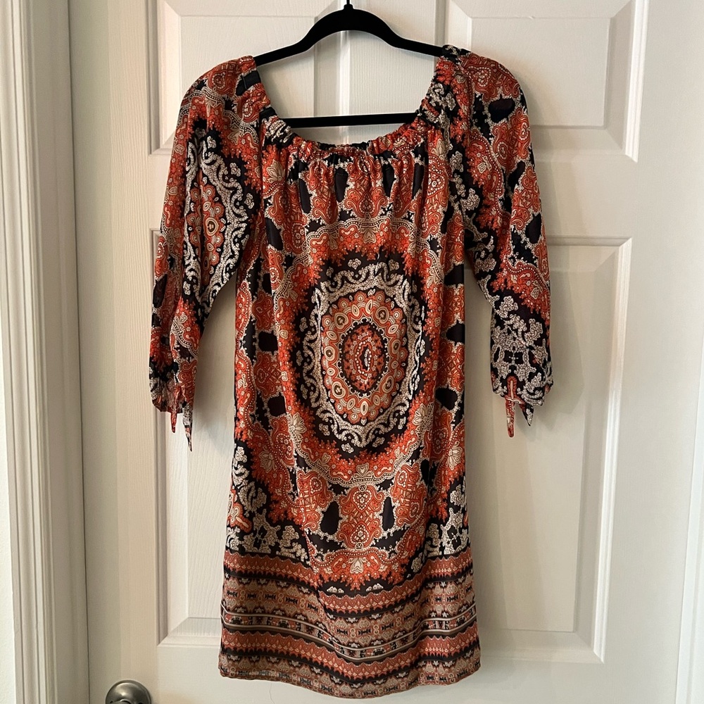 Navy and Orange Off-Shoulder Mini Dress